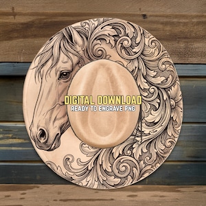 May include: A tan cowboy hat with a detailed horse head illustration and floral scrollwork. The hat features the text "DIGITAL DOWNLOAD READY TO ENGRAVE PNG". The design is suitable for engraving or digital projects.