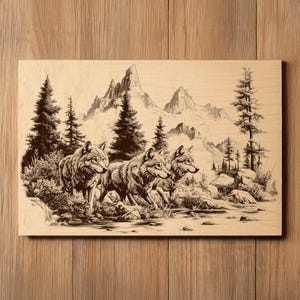 May include: A wood panel featuring a detailed illustration of three wolves in a forest setting. The artwork is in a sepia tone, with mountains and trees in the background. The wolves are the focal point, depicted with intricate fur and expressions.