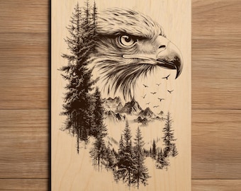 Eagle Laser Engraving File - Ready To Engrave PNG - Bald Eagle Double Exposure Art - Mountain Landscape Illustration - Laser Burn File