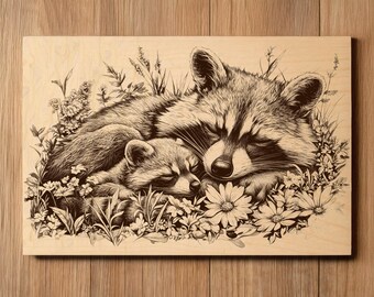 Raccoon Laser Engraving File - Ready To Engrave PNG - Mama Raccoon Sleeping Scene - Forest Wildlife - Laser Burn File