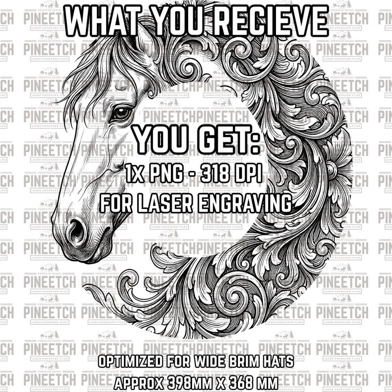 May include: Black and white digital design featuring a horse head surrounded by ornate floral scrollwork. The image includes text indicating it is a PNG file for laser engraving, optimized for wide brim hats, and measures approximately 15.6 x 14.5 inches.