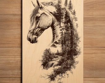 Pferd Lasergravur Datei - Bereit zum Gravieren PNG - Western Wilderness Doppelbelichtung Kunst - Waldwildleben Kunst - Laserbrenndatei