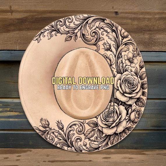 Western Roses Filigree Hat Burning Design - Ready To Engrave PNG - Tooled Leather - Wide Brim Hat Burning Template - Digital Download