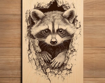 Arquivo de gravação a laser de guaxinim - Pronto para gravar PNG - Cena de panda-lixo escondido no tronco de uma árvore - Arte de animais selvagens - Arquivo de gravação a laser