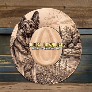 May include: A digital download design featuring a German Shepherd dog and a scenic landscape, including a lake and trees. The design is on a hat shape with the text "DIGITAL DOWNLOAD READY TO ENGRAVE PNG". The artwork is in black and beige tones.