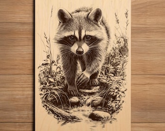Raccoon Laser Engraving File - Ready To Engrave PNG - Trash Panda In The Woods Scene - Forest Wildlife Art - Laser Burn File
