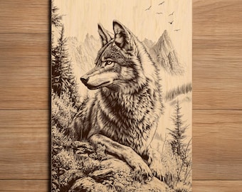 Wolf Laser Engraving File - Ready To Engrave PNG - Mountain Wildlife Design - Resting Wolf Scene - Laser Burn File - Digital Download