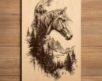 Pferd Laser Gravurdatei - Bereit zur Gravur PNG - Doppelbelichtung Pferd Mond Kunst - Western Wildtier Nachthimmel - Laserbrenndatei