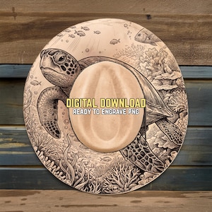May include: Circular wooden design featuring a detailed illustration of a sea turtle swimming among coral and fish. The design includes the text "DIGITAL DOWNLOAD READY TO ENGRAVE PNG".