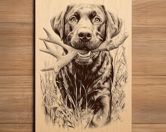 Labrador Retriever Laser Engraving File - Ready To Engrave PNG - Antler Hunt Scene - Hunting Dog Art - Laser Burn File