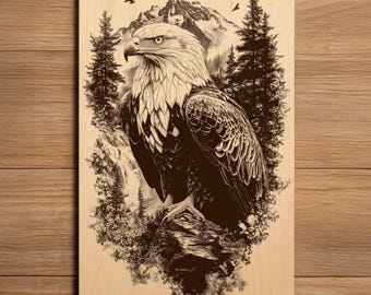 Eagle Laser Engraving File - Ready To Engrave PNG - Eagle Perched On Rock Scene - Forest Wildlife Mountain Scene - Laser Burn File
