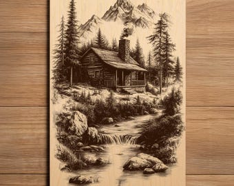 May include: A sepia-toned wood panel featuring a detailed illustration of a cabin nestled in a forest. The artwork depicts a mountain range, a flowing stream, and tall pine trees, creating a serene landscape scene. Smoke rises from the cabin's chimney.