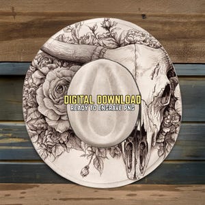 Diseño de sombrero con calavera de toro Longhorn en llamas - Listo para grabar (PNG y PDF) - Arte de rodeo campestre - Arte de toro Longhorn - Plantilla para grabar sombreros de ala ancha imagen 2