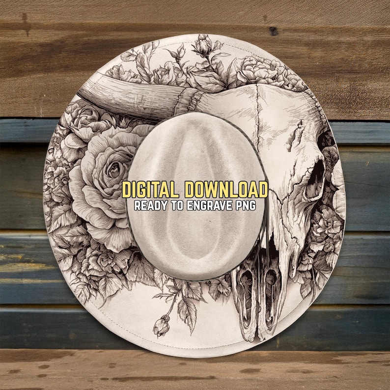 Diseño de sombrero con calavera de toro Longhorn en llamas - Listo para grabar (PNG y PDF) - Arte de rodeo campestre - Arte de toro Longhorn - Plantilla para grabar sombreros de ala ancha imagen 2