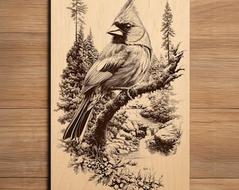Cardinal Laser Engraving File - Ready To Engrave PNG - Birch Perched On Branch Art - Forest Wildlife Laser Burn File