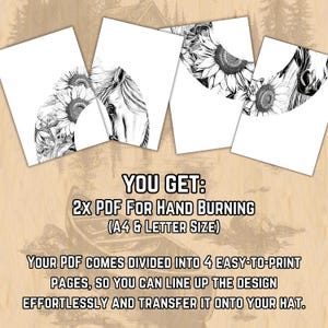 Puede incluir: Cuatro impresiones en papel blanco con dise&ntilde;os florales y de cabeza de caballo en blanco y negro. El texto dice "YOU GET: 2X PDF FOR HAND BURNING (A4 & LETTER SIZE)" y "YOUR PDF COMES DIVIDED INTO 4 EASY-TO-PRINT PAGES, SO YOU CAN LINE UP THE DESIGN EFFORTLESSLY AND TRANSFER IT ONTO YOUR HAT."