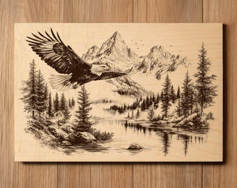 Eagle Laser Engraving File - Ready To Engrave PNG - Eagle Soaring Through Mountains Scene - Lake Wildlife Art - Laser Burn File