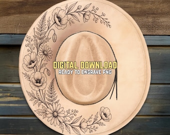 Flowers Hat Burning Design - Ready To Engrave PNG - Wildflowers Hat Stencils - Wide Brim Hat Template - Laser Engraving - Hand Burning