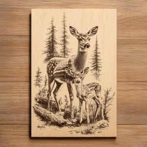 Puede incluir: Obra de arte en madera con un grabado detallado de una cierva y un cervatillo en un bosque. La imagen muestra a los animales con sus pelajes manchados, rodeados de árboles y follaje, creando una escena natural. La obra está montada en una tabla de madera.