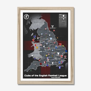 Kaart van Engelse voetbalclubs (digitale download, geen lijst)