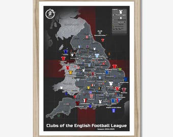 Impression encadrée Carte des clubs de football anglais A3