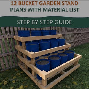 DIY 12-Bucket Garden Stand Plans: Tiered Wood Frame (Digital PDF Download)