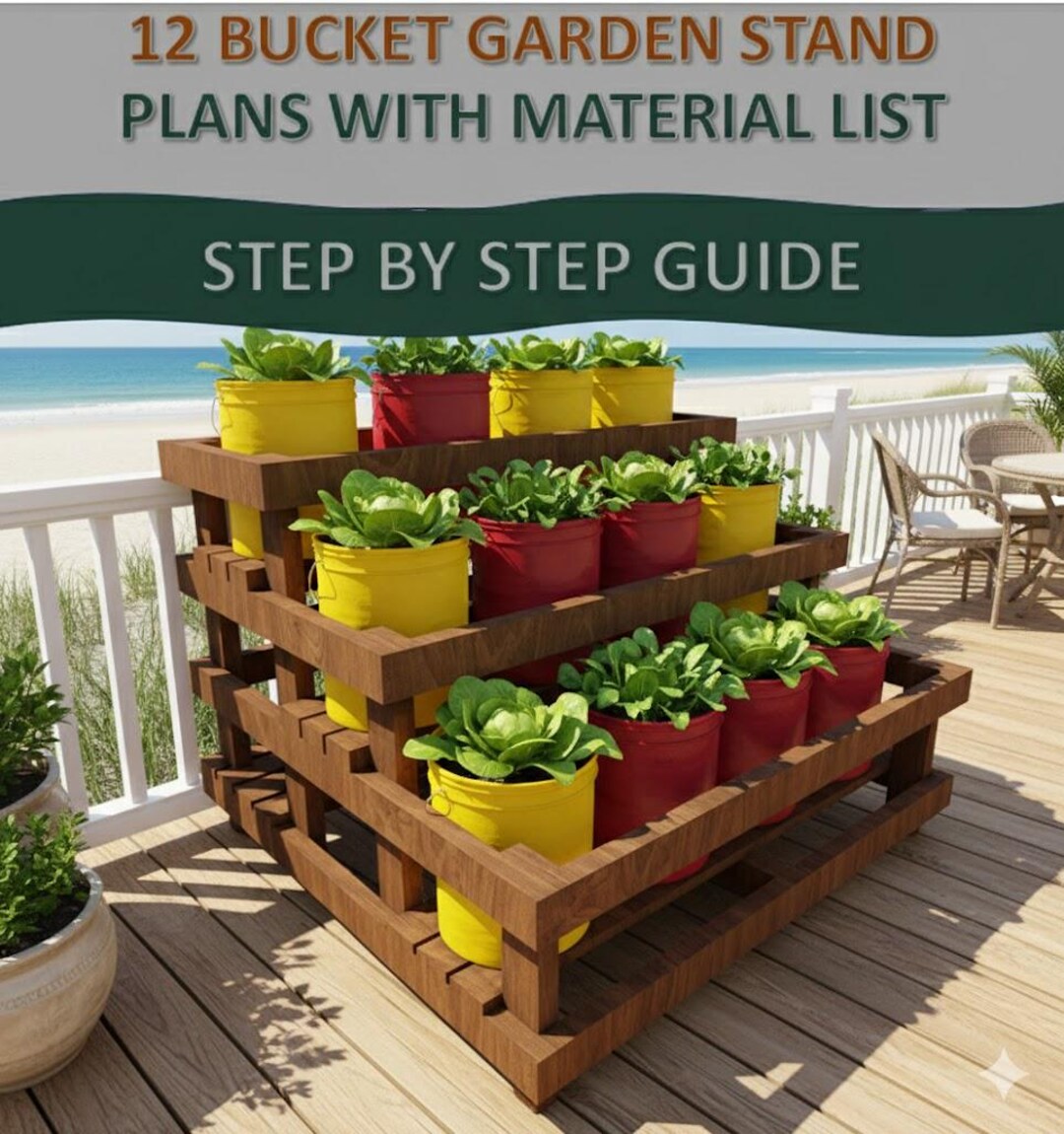 DIY 12-bucket Garden Stand Plans 5-gallon: Tiered Wood Frame (digital ...