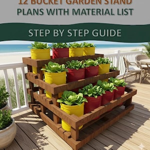 Plans de support de jardin bricolage 12 seaux 5 gallons : cadre en bois à plusieurs niveaux (téléchargement PDF numérique)