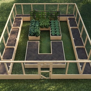 May include: A raised garden bed with a wooden frame and wire mesh fencing. The bed is divided into multiple sections, some with plants growing in them. There is a gate in the front of the bed.