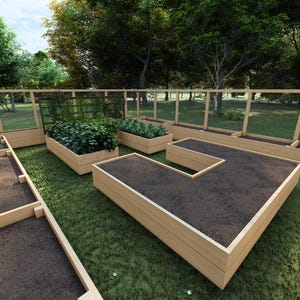 May include: A raised garden bed made of wood with a U-shaped design. The garden bed is surrounded by a wooden fence with a wire mesh.