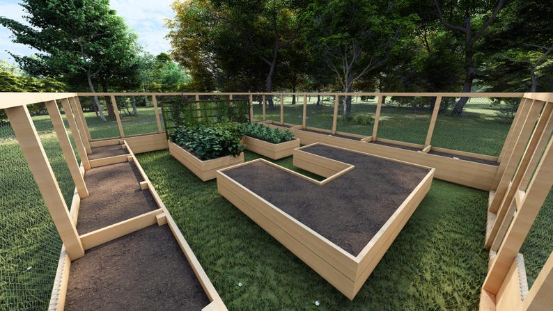 May include: A raised garden bed made of wood with a U-shaped design. The garden bed is surrounded by a wooden fence with a wire mesh.