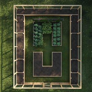 May include: An aerial view of a raised garden bed with a wooden frame and a wire mesh top. The bed is divided into several sections, each filled with soil and plants. The bed is surrounded by a green lawn.
