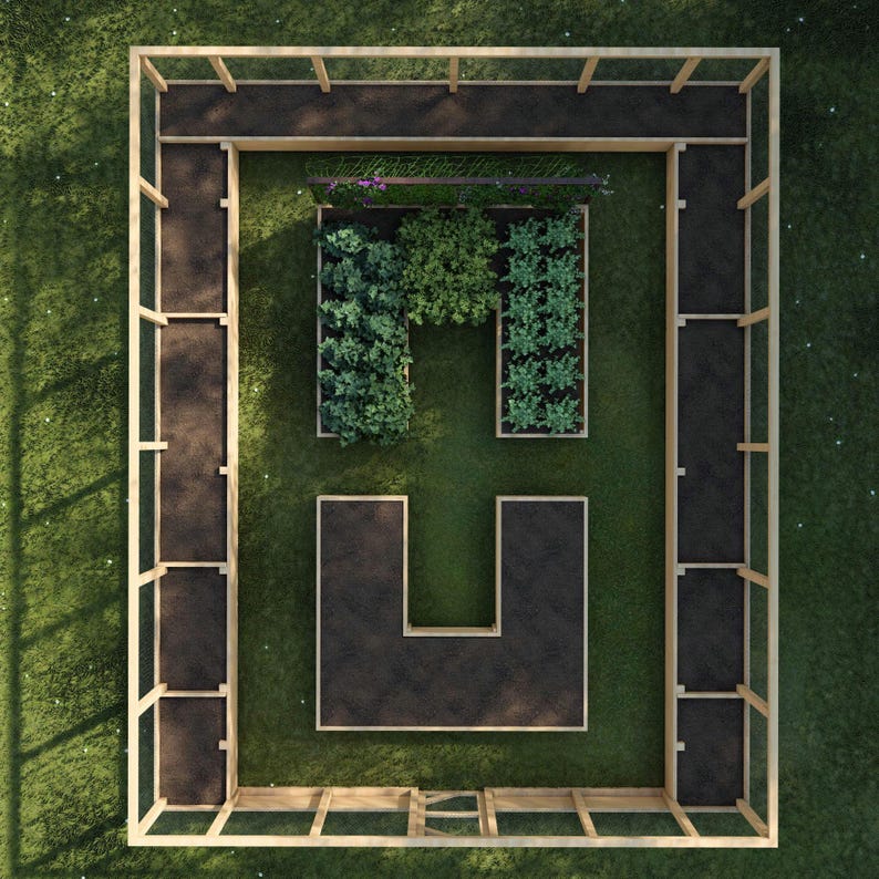 May include: An aerial view of a raised garden bed with a wooden frame and a wire mesh top. The bed is divided into several sections, each filled with soil and plants. The bed is surrounded by a green lawn.