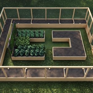 May include: A raised garden bed with a wooden frame and a wire mesh top. The bed is divided into multiple sections, some of which are planted with green leafy plants.