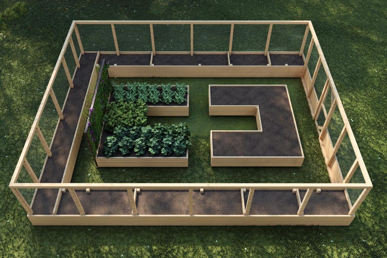 May include: A raised garden bed with a wooden frame and a wire mesh top. The bed is divided into multiple sections, some of which are planted with green leafy plants.