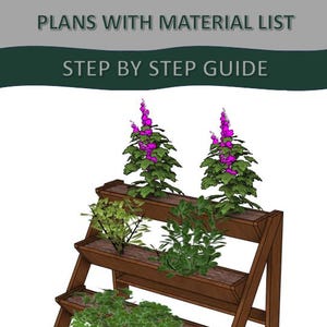 May include: A three-tiered angled planter made of wood with three different plants growing in it. The planter is brown and has a rustic look. The plants are green and have flowers. The text "THREE TIERED ANGLED PLANTER PLANS WITH MATERIAL LIST STEP BY STEP GUIDE" is at the top of the image.