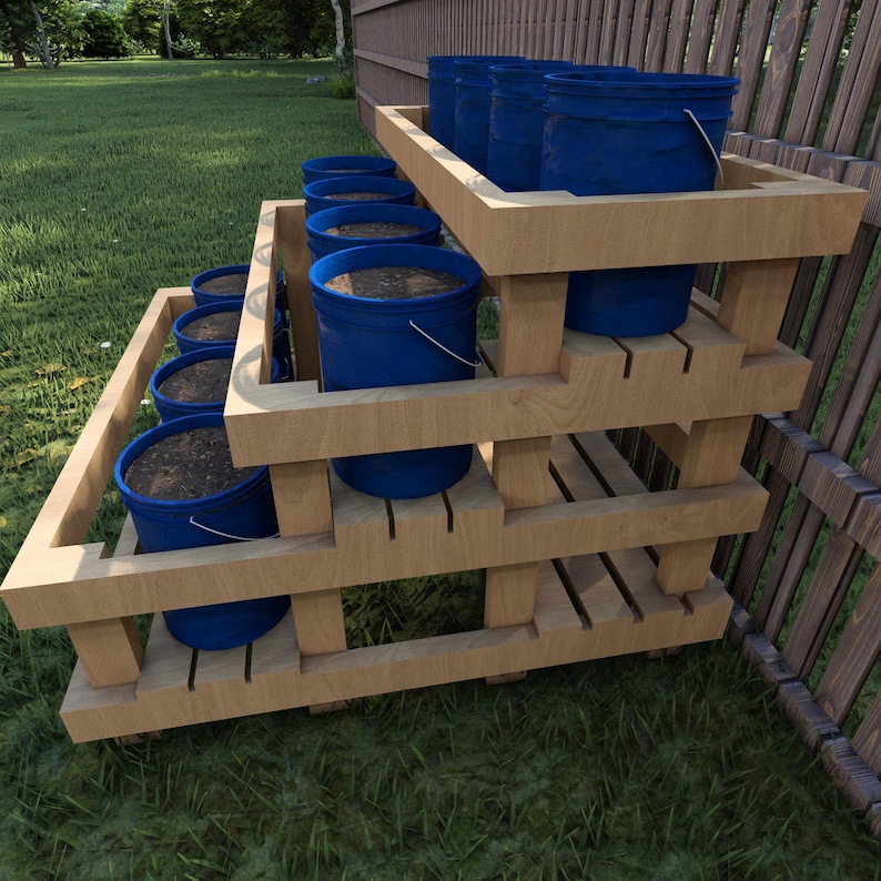 DIY 12-bucket Garden Stand Plans 5-gallon: Tiered Wood Frame (digital ...