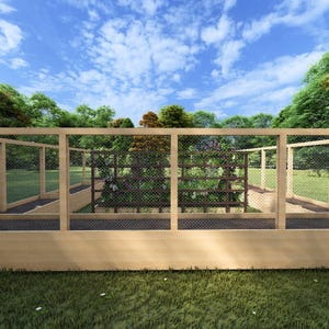 May include: A raised garden bed with a wooden frame and wire mesh sides. The bed is divided into sections and filled with soil. There are plants growing in the bed.