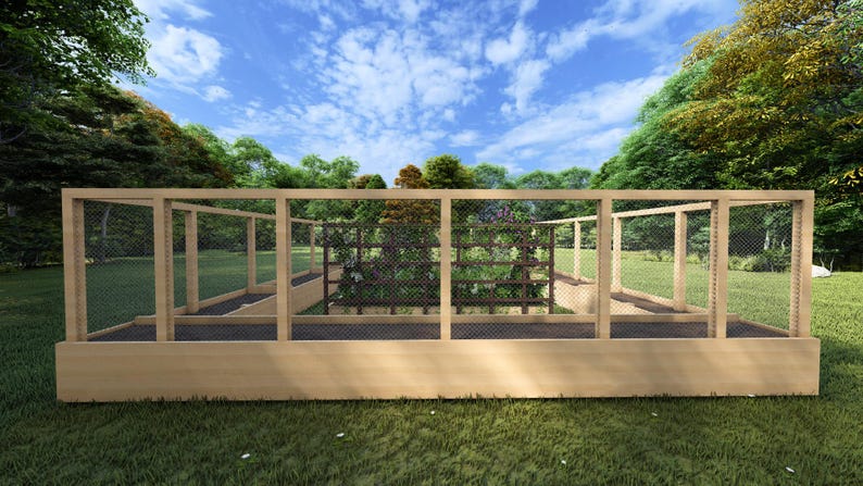 May include: A raised garden bed with a wooden frame and wire mesh sides. The bed is divided into sections and filled with soil. There are plants growing in the bed.
