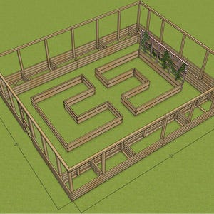 May include: A wooden raised garden bed with a trellis for growing vines. The bed is divided into multiple sections, some with a square shape and others with a rectangular shape. The bed is 32 inches wide and 32 inches long.
