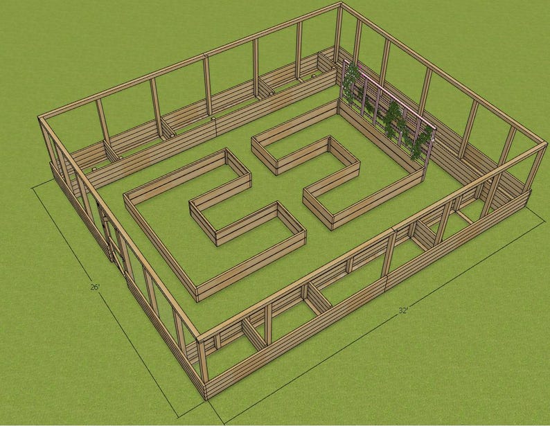 May include: A wooden raised garden bed with a trellis for growing vines. The bed is divided into multiple sections, some with a square shape and others with a rectangular shape. The bed is 32 inches wide and 32 inches long.