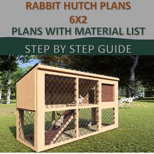 Könnte beinhalten: Ein hölzerner Kaninchenstall mit Drahtgitterseiten und einer Rampe. Der Text "RABBIT HUTCH PLANS 6X2 PLANS WITH MATERIAL LIST STEP BY STEP GUIDE" wird oben angezeigt. Im Hintergrund ist ein Dalmatinerhund zu sehen.
