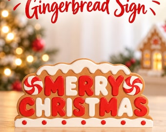 Merry Christmas Gingerbread Sign, 3D Printed Holiday Shelf Decor, Peppermint Christmas Table Sign, Festive Home Decor