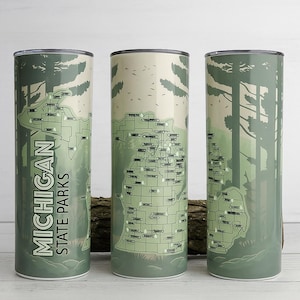Mapa de la lista de verificación de campamentos de los parques estatales de Michigan Vaso de 20 oz / Taza térmica personalizada / Taza de viaje / Regalo de cumpleaños / Al aire libre / Parque estatal