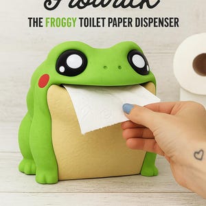 May include: A green frog-shaped toilet paper dispenser with the text "Frodrick THE FROGGY TOILET PAPER DISPENSER". The dispenser has large black and white eyes, a red cheek spot, and a beige belly. A hand is pulling a piece of white toilet paper from the frog's mouth.