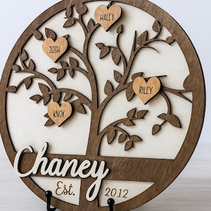 Custom 10” Family Name Tree Board Heart-Shaped Name Tags, Grandkids laser engraved, family celebration birthdate personalized gift, Two-Tone