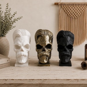 Mustache Slick hair Skull 3D Printed Unique Home Decor, headphone holder, beard gift, biker, skull decor hat holder, hat display, beard gift