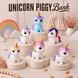 May include: Six unicorn piggy banks displayed on cylindrical pedestals. Five are white with colorful manes and gold horns, while one is light blue with a purple mane and gold horn. The text UNICORN PIGGY Bank is visible at the top of the image.