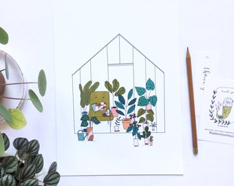 2 Greenhouses poster illustrated with plants, art print A4