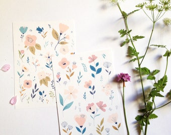 4 Cartes illustrées avec des fleurs, cartes simples